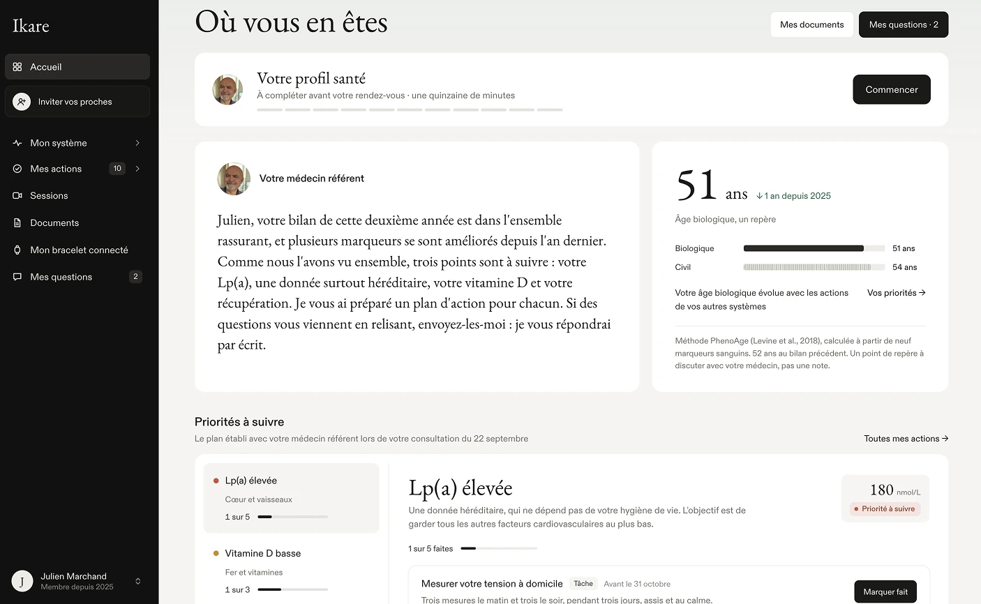 Accueil de l'espace membre : la note du médecin référent, l'âge biologique et les priorités à suivre