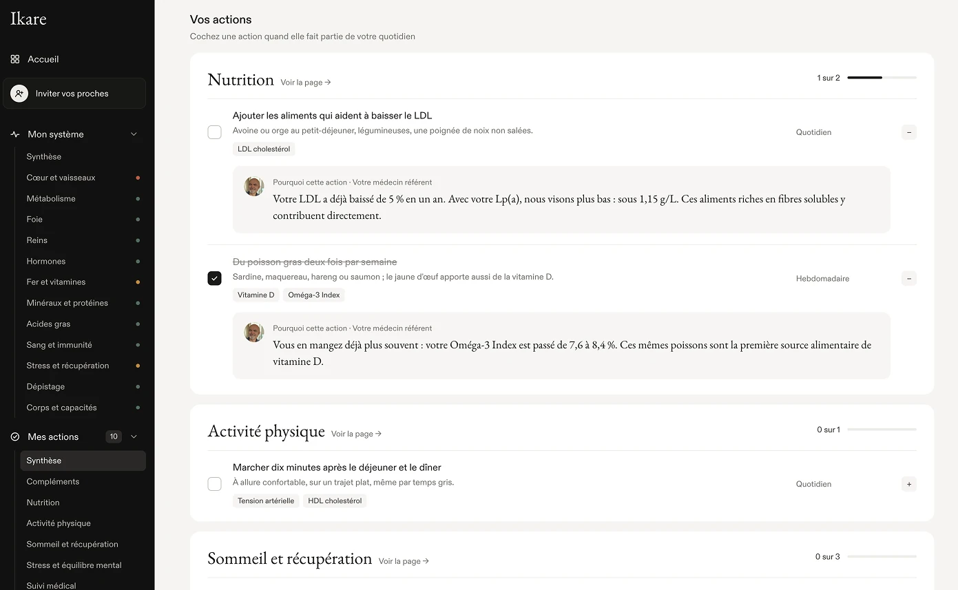 Page Vos actions : actions de nutrition et d'activité physique, chacune expliquée par le médecin référent